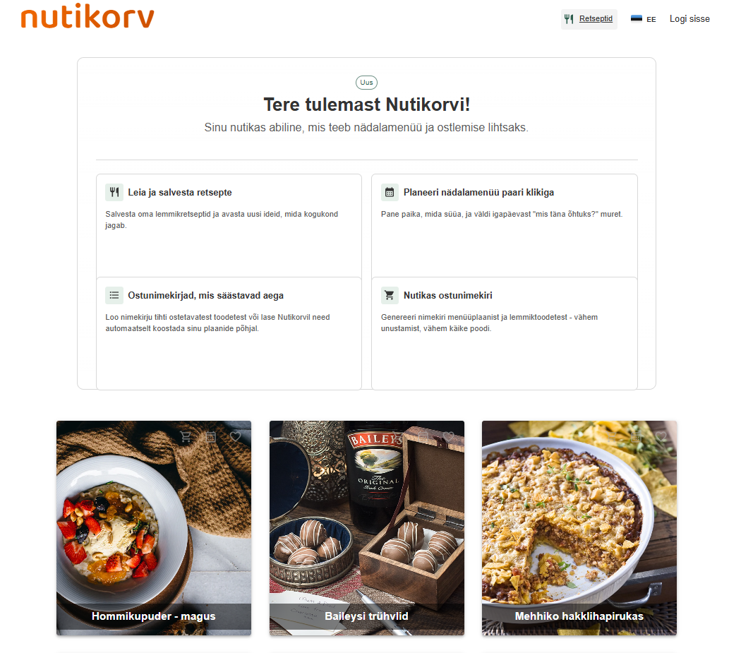 Nutikorvi avaleht retseptide, nädalamenüü ja ostunimekirja võimalustega